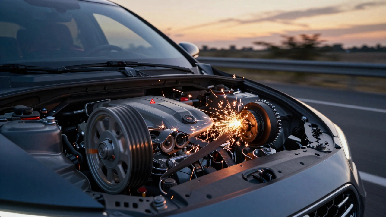Автомобиль на трассе, внутри двигателя — один ролик заклинил, ремень порвался, искры летят в воздухе.