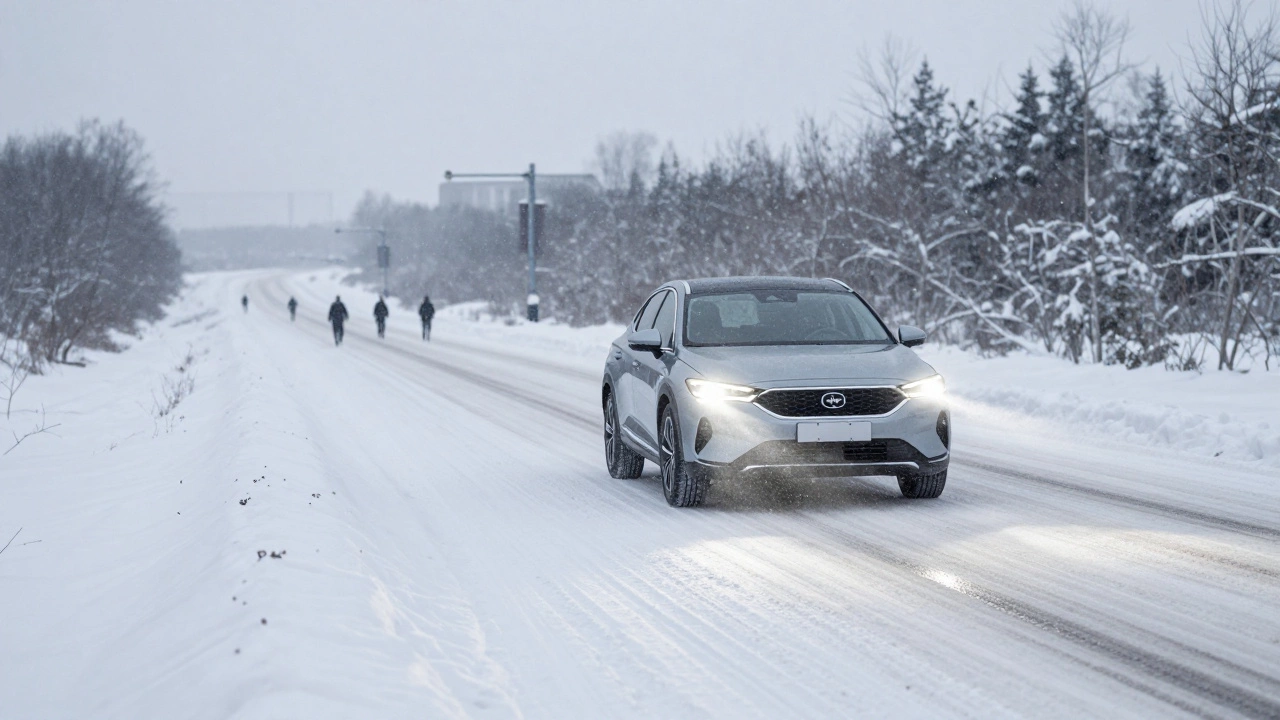 Автомобиль с легальными светодиодными фарами, ярко освещающий снежную дорогу и пешеходов.