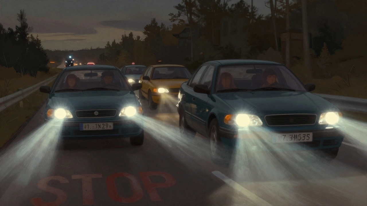 Автомобиль с незаконными ксеноновыми лампами, ослепляющий встречные машины на дороге.