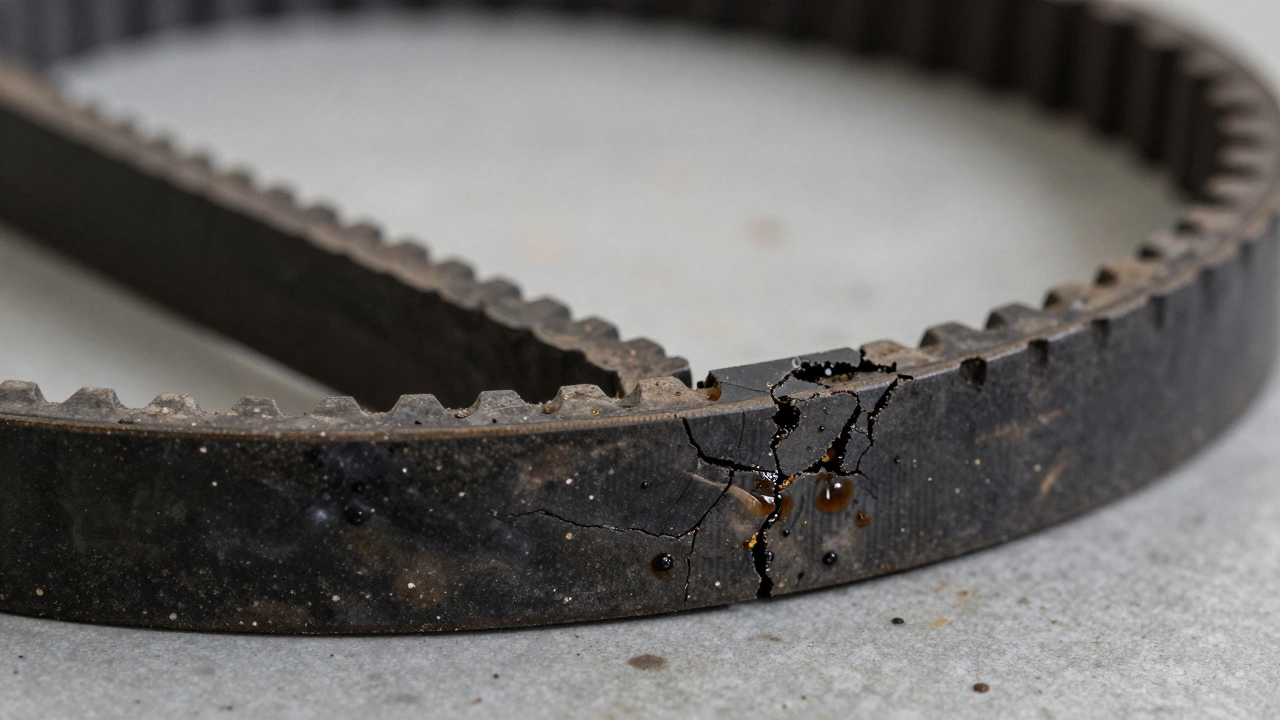 Ближний план изношенного ремня ГРМ с трещинами и масляными пятнами.