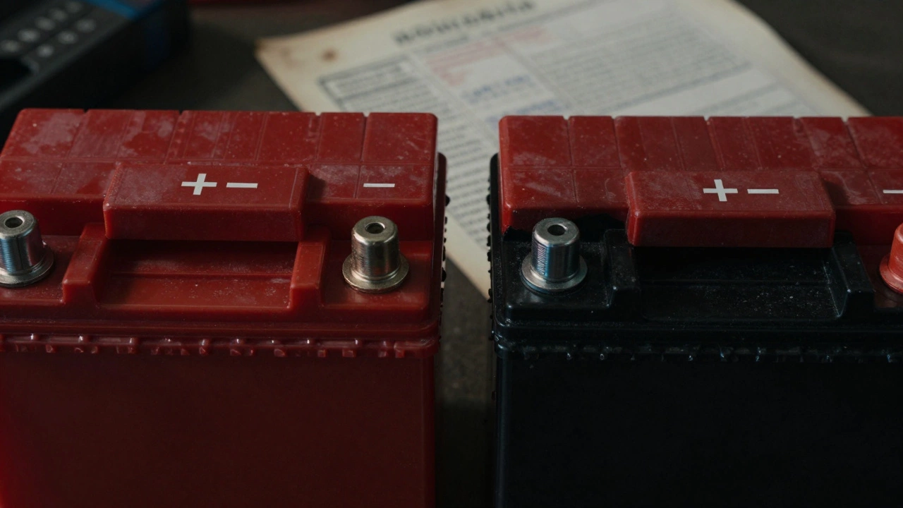 Два аккумулятора рядом: один с правой клеммой плюс, другой — с левой.