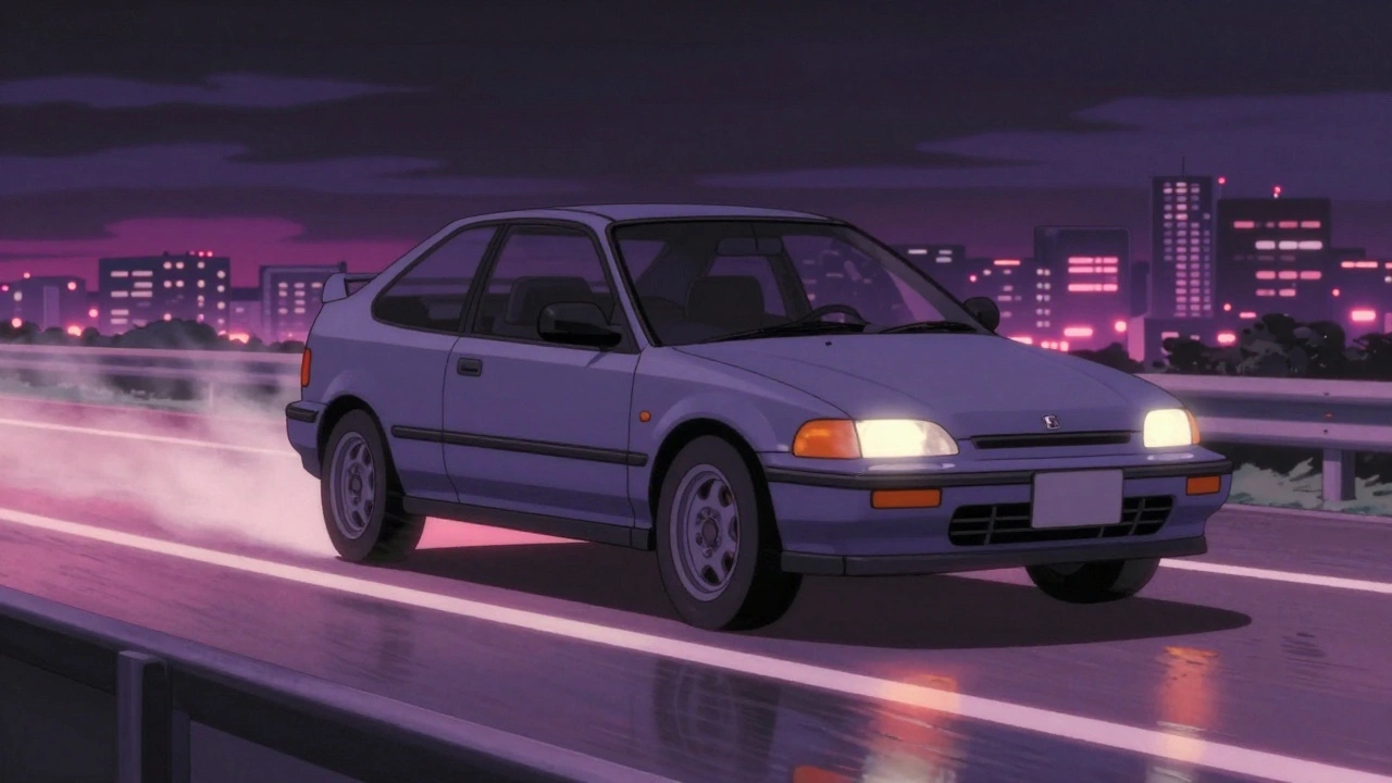 Honda Civic в стиле японского аниме, парящий над светящейся дорогой с элегантной посадкой.