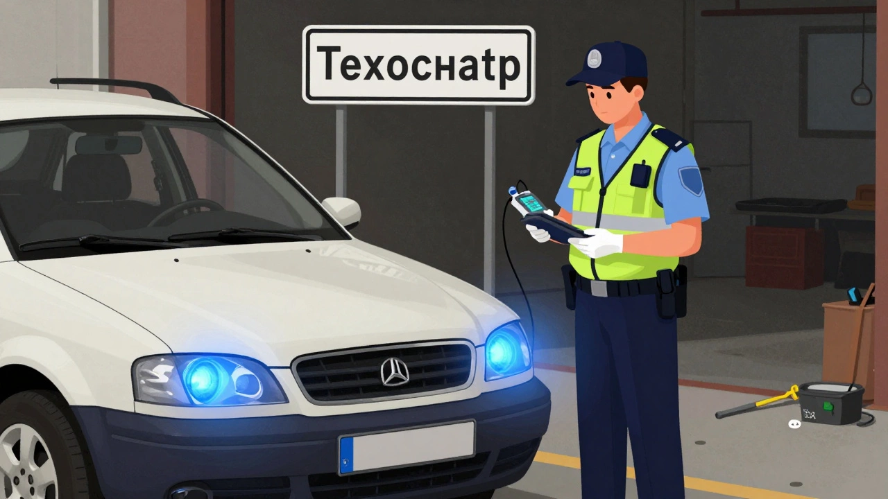 Инспектор ДПС проверяет автомобиль с синими фарами, рядом лежат инструменты и знак техосмотра.