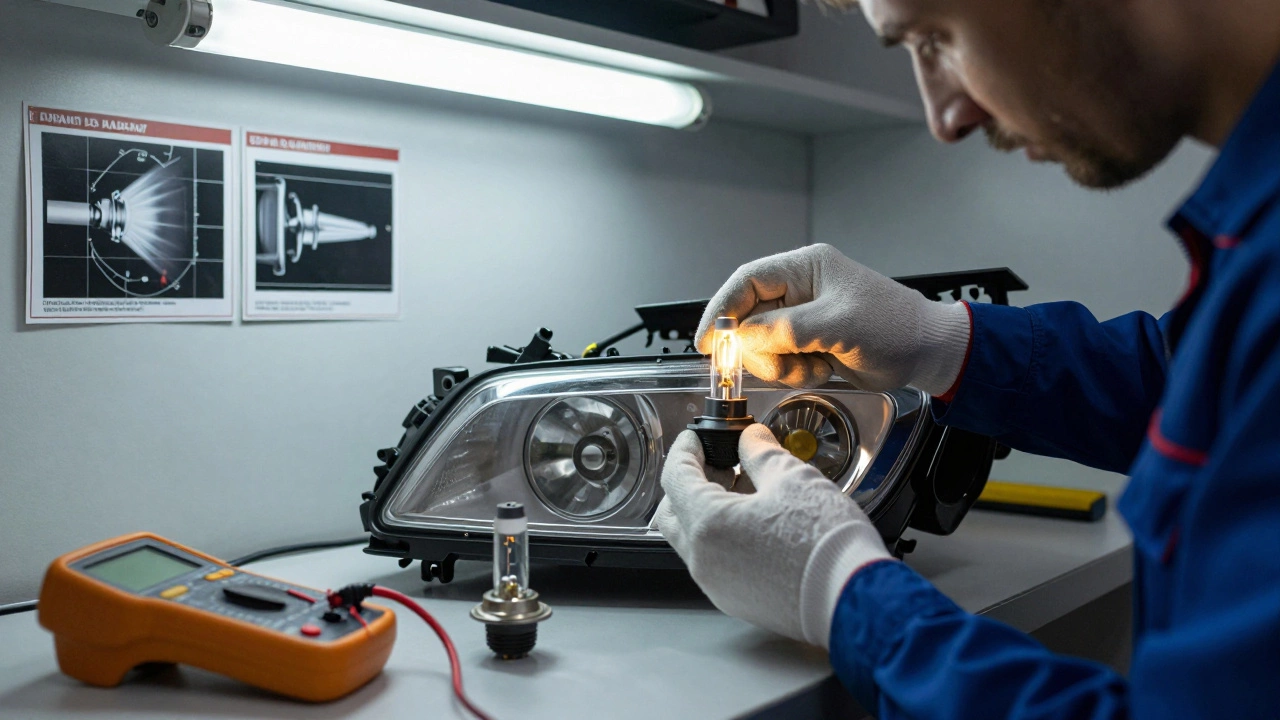 Механик в гараже аккуратно устанавливает новую лампу H7 в фару, используя перчатки, рядом лежит старая, потускневшая лампа.