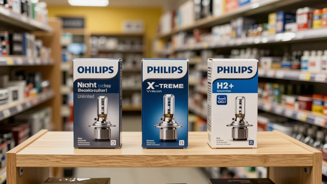 На полке автосалона три популярные модели галогенных ламп H7: Osram, Philips и General Electric в оригинальной упаковке.