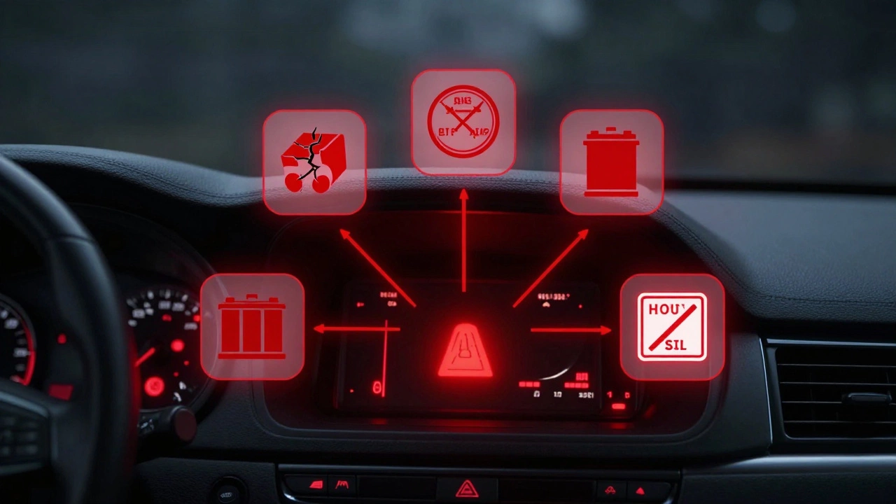 Панель приборов с предупреждающими огнями и иконками неисправного аккумулятора.