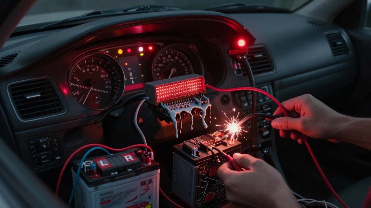 Последствия неправильного подключения аккумулятора: перегоревшие предохранители и повреждённый блок управления.