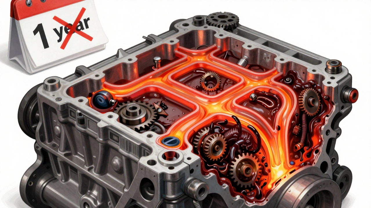 Разрез двигателя: одна часть с чистым маслом, другая — забита шламом, с поврежденными деталями.