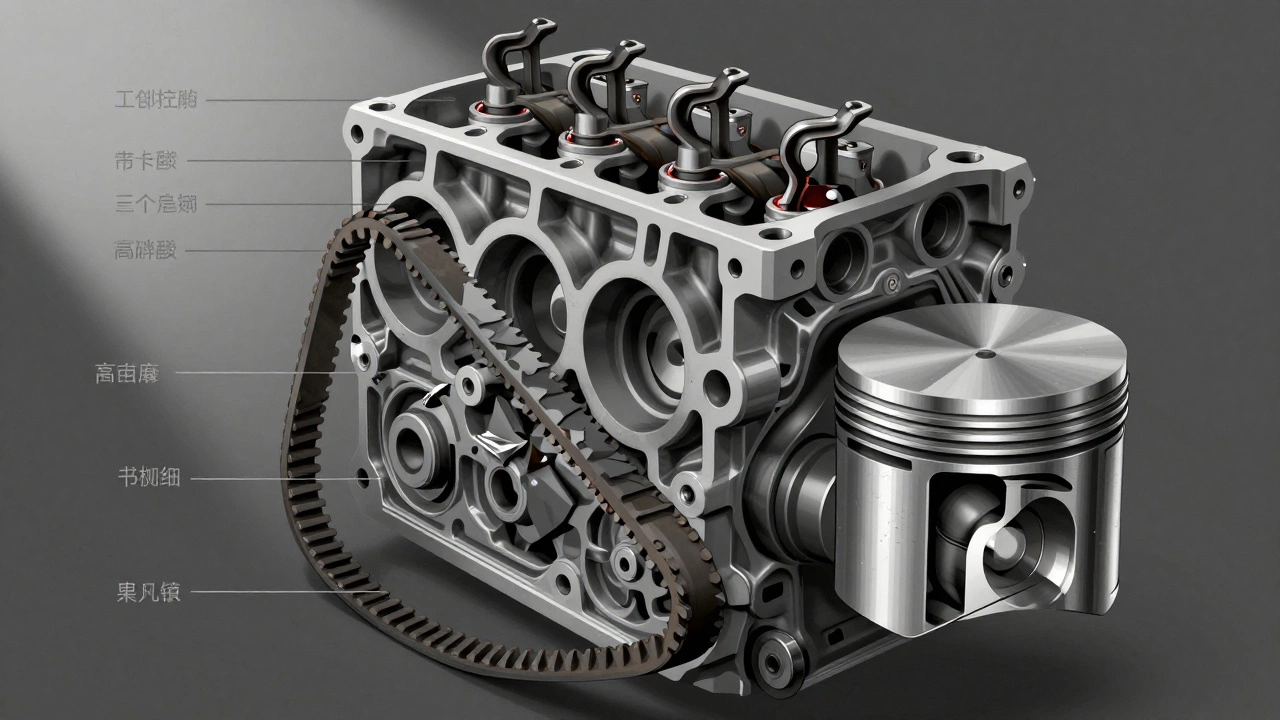 Разрез двигателя с порванным ремнем ГРМ, изогнутыми клапанами и треснувшим поршнем.