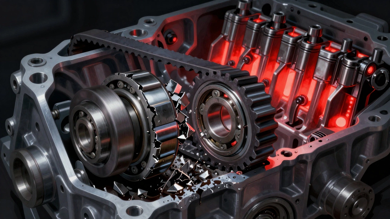 Разрез двигателя: сломанный ролик выбрасывает стружку, новый ролик вращается, ремень рвётся, клапаны деформированы.