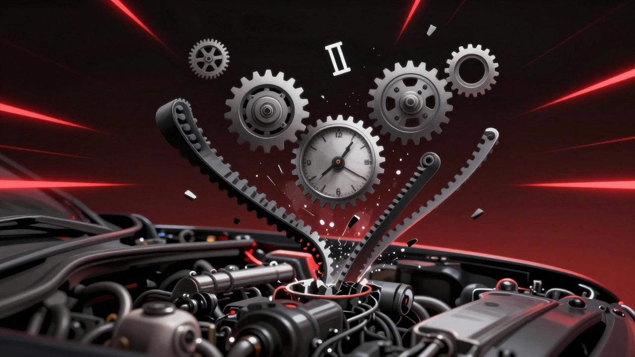 Ремень ГРМ рвется над двигателем, символизируя потерю синхронизации и катастрофические последствия.