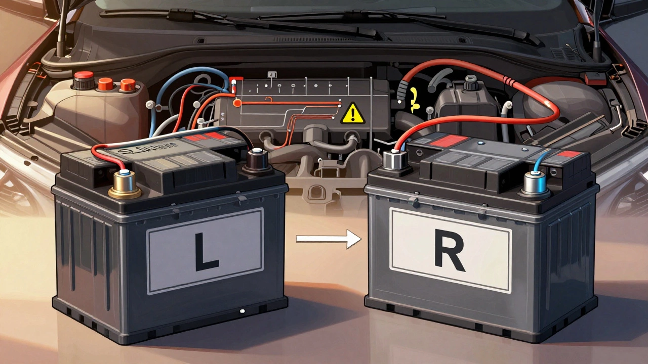 Сравнение аккумуляторов с маркировками L и R, с указанием направления подключения клемм.