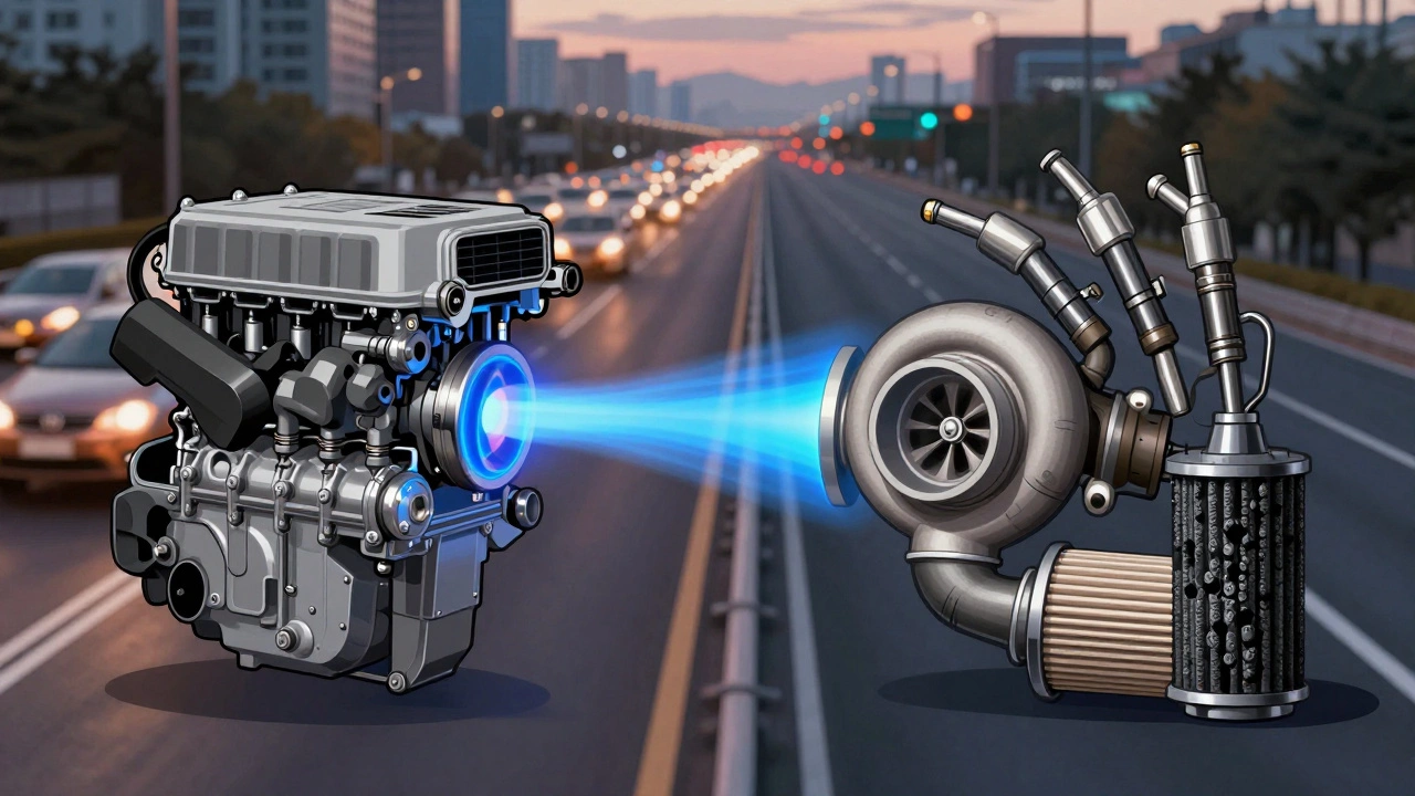 Сравнение чистого и загрязнённого дизельного двигателя: с одной стороны — эффективное сгорание, с другой — забитый сажевый фильтр и турбина.