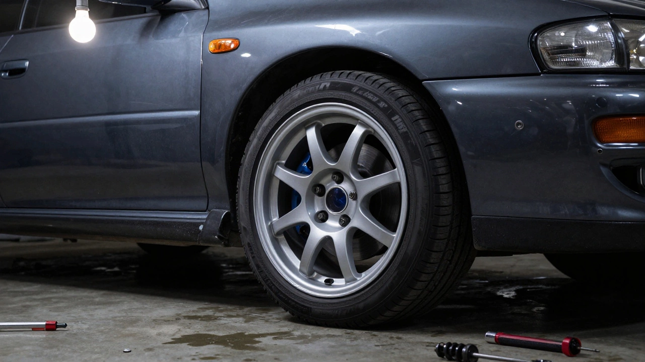 Subaru Impreza в гараже с деталями подвески и колесами, идеально вписанными в арки.