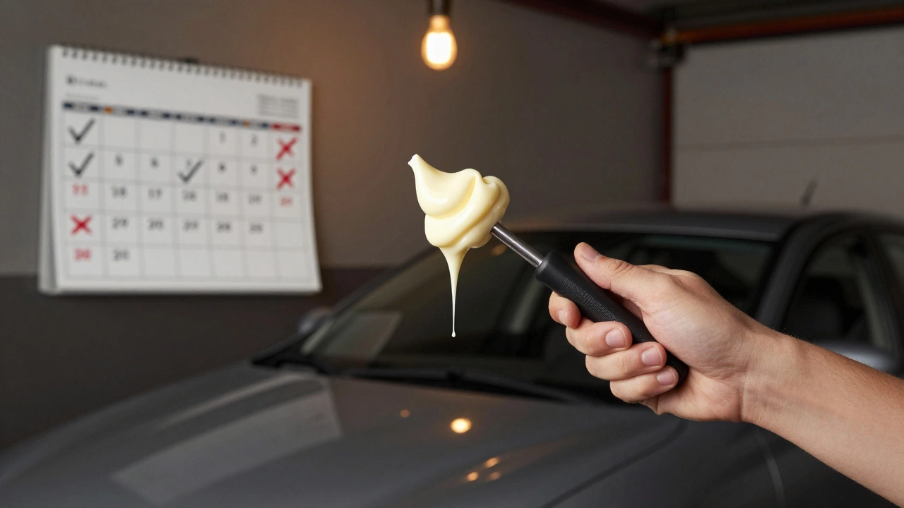 Щуп с эмульгированным маслом, похожим на крем, рядом с машиной в гараже, символизируя риск долгой езды на низких оборотах.