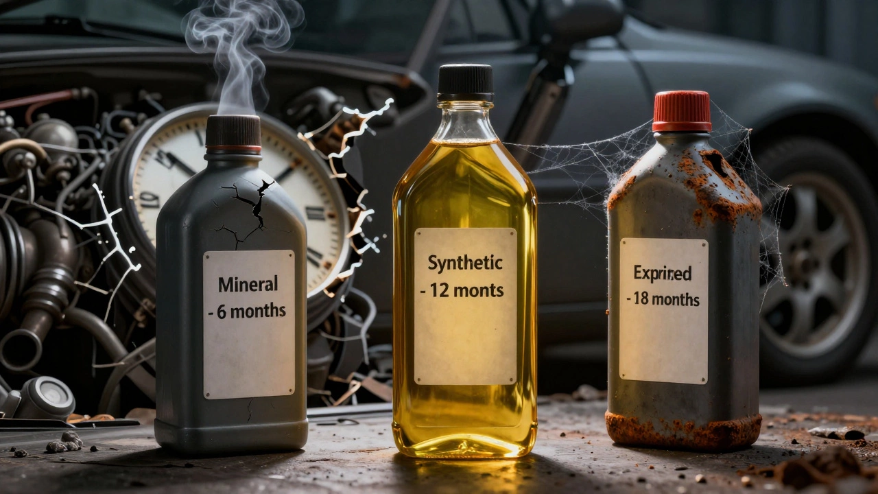 Три бутылки масла: минеральное разрушено, синтетическое светится, просроченное покрыто ржавчиной.