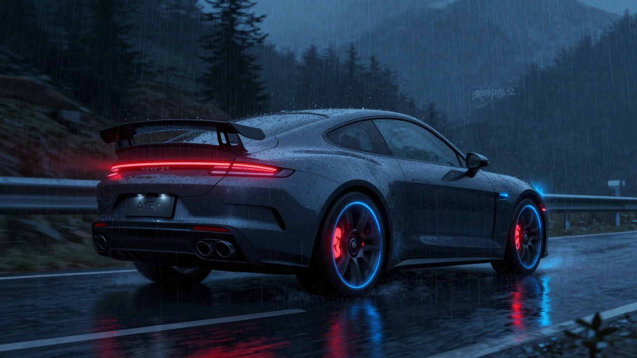 Автомобиль на мокрой горной дороге ночью с нагревающимися тормозными колодками ATE и работающими датчиками ABS.