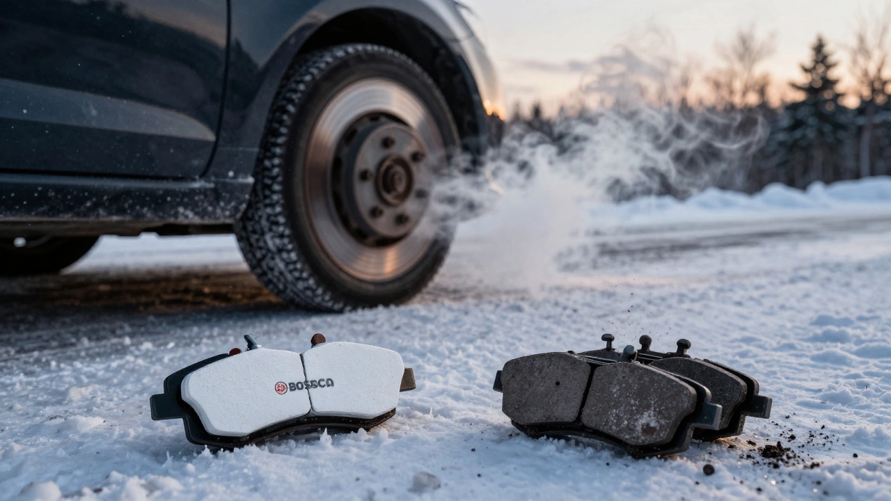 Автомобиль на снежной дороге тормозит, рядом лежат качественные и поддельные тормозные колодки.