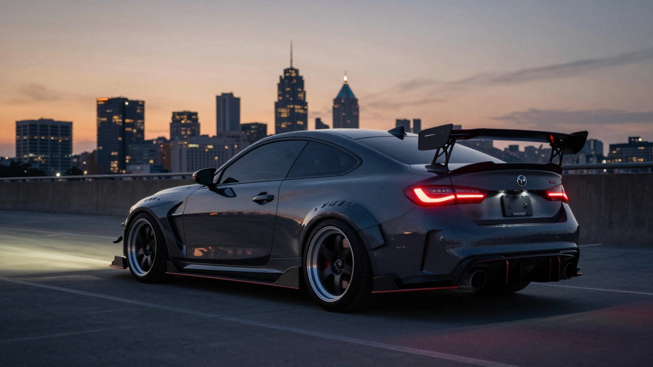 Автомобиль с полным тюнингом стоит на фоне городского пейзажа, демонстрируя аэродинамический обвес и уникальные колеса.