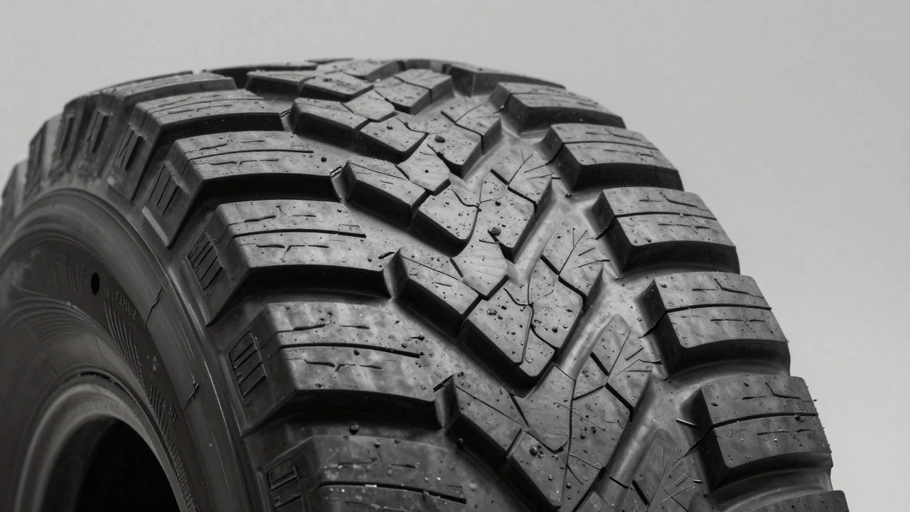 Детальный снимок протектора всепогодной шины для разных условий погоды