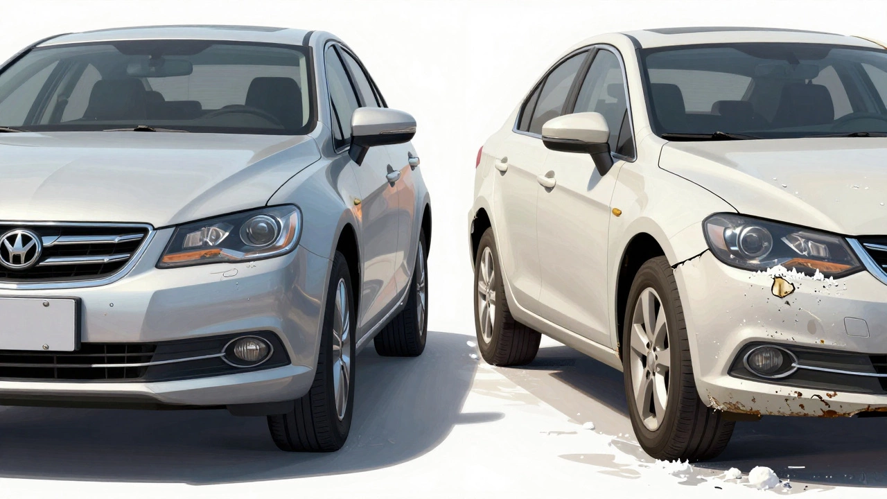 Две машины рядом: одна с высоким пробегом, но чистым днищем, другая с низким пробегом и ржавыми порогами — видна разница в уходе.