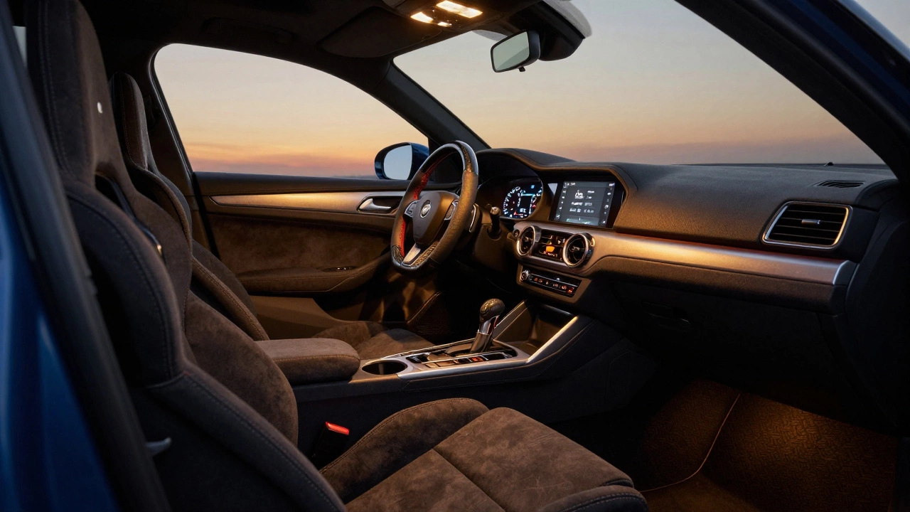 Интерьер автомобиля со спортивными сиденьями, углепластиковым рулем и подсветкой RGB.