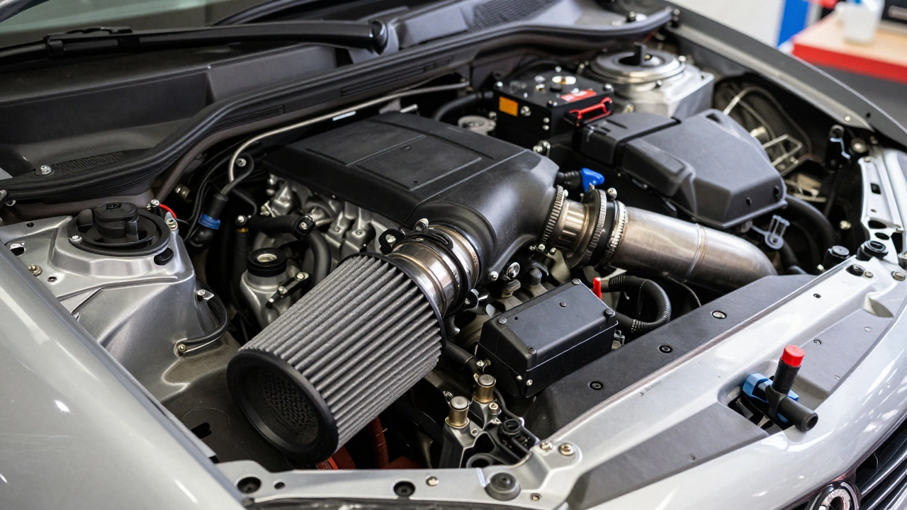 Моторный отсек с воздухозаборником, спортивным глушителем и модулем прошивки ЭБУ.