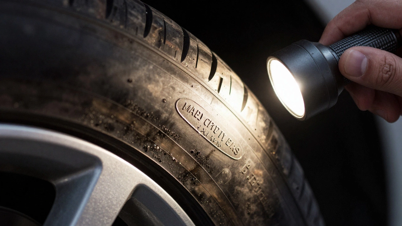 Осмотр маркировки на боковине шины с фонариком