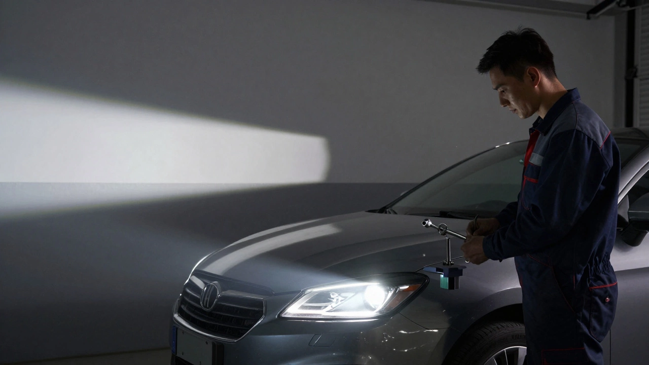 Процесс регулировки светового пучка фары на стене