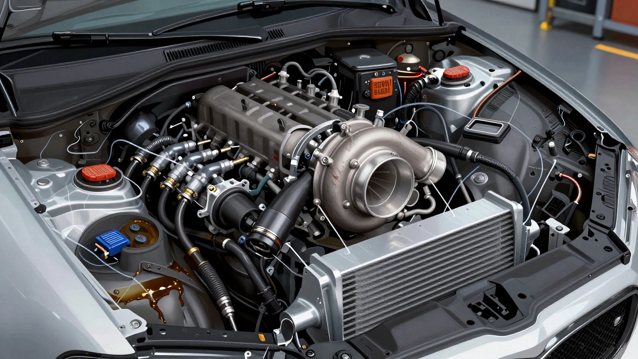 Разобранный двигатель с подписаными компонентами тюнинга: турбонаддув, интеркулер и чип-тюнинг.