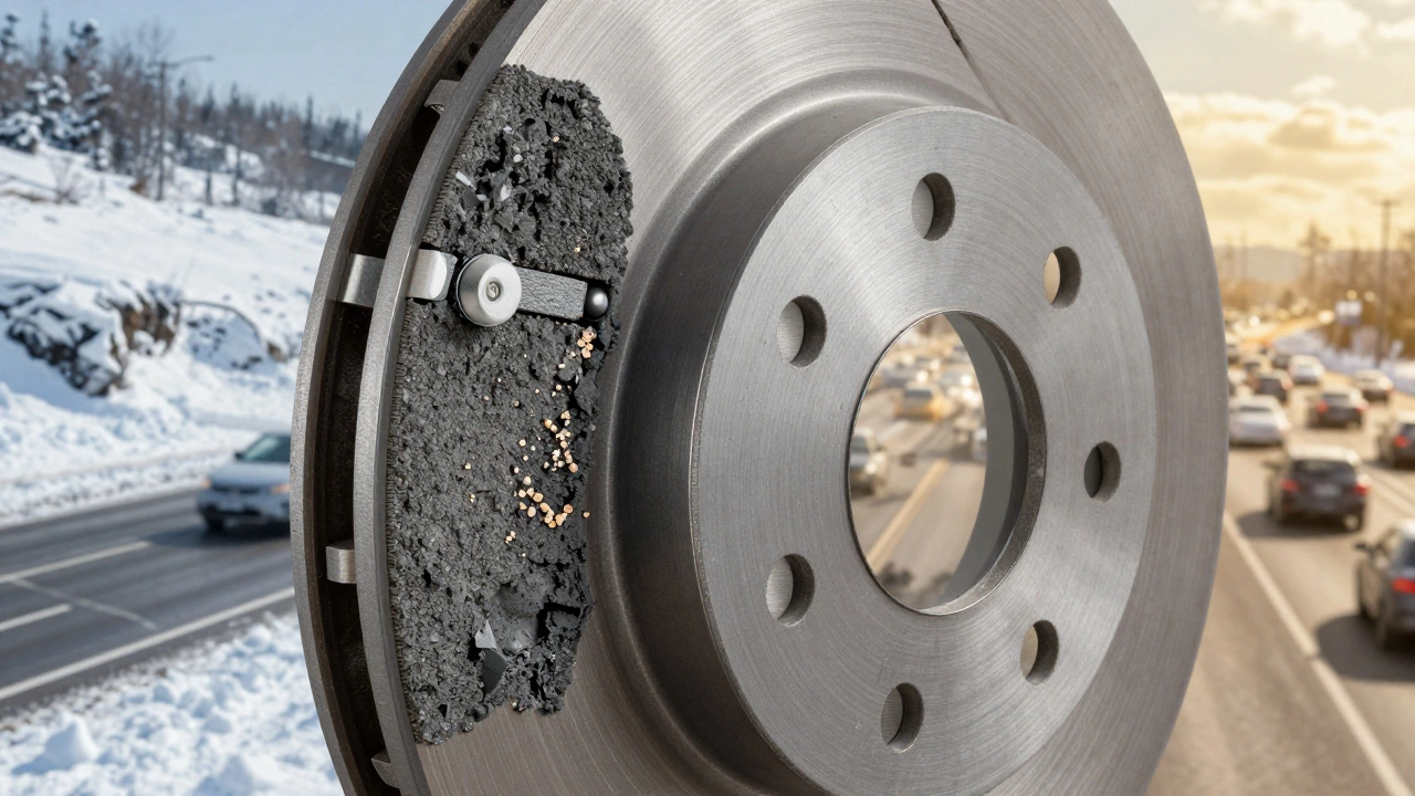 Разрез тормозного диска: качественная колодка с индикатором износа и поддельная с осыпающимся материалом.