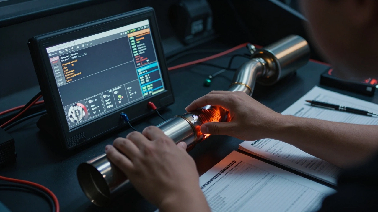 Руки тюнера настраивают электронный блок управления автомобилем, рядом видны инструменты и выхлопная система.