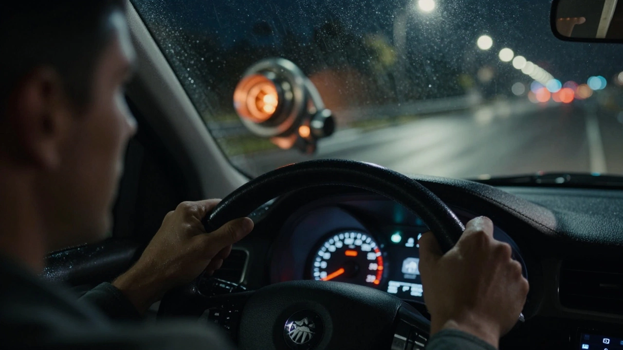 Руки водителя за рулем с подсвеченными приборами и отсветом турбины в зеркале заднего вида.