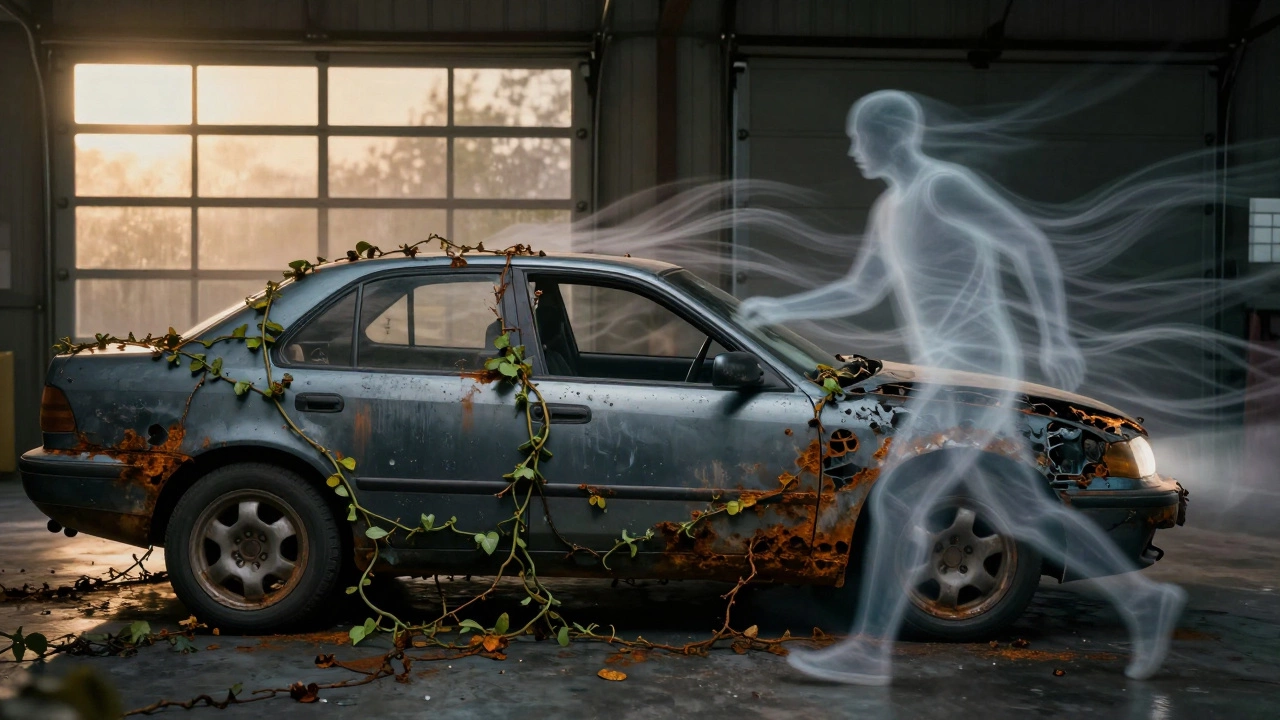 Ржавчина, как живые лозы, поглощает стоящую машину, в то время как движущийся автомобиль спасает от разрушения.