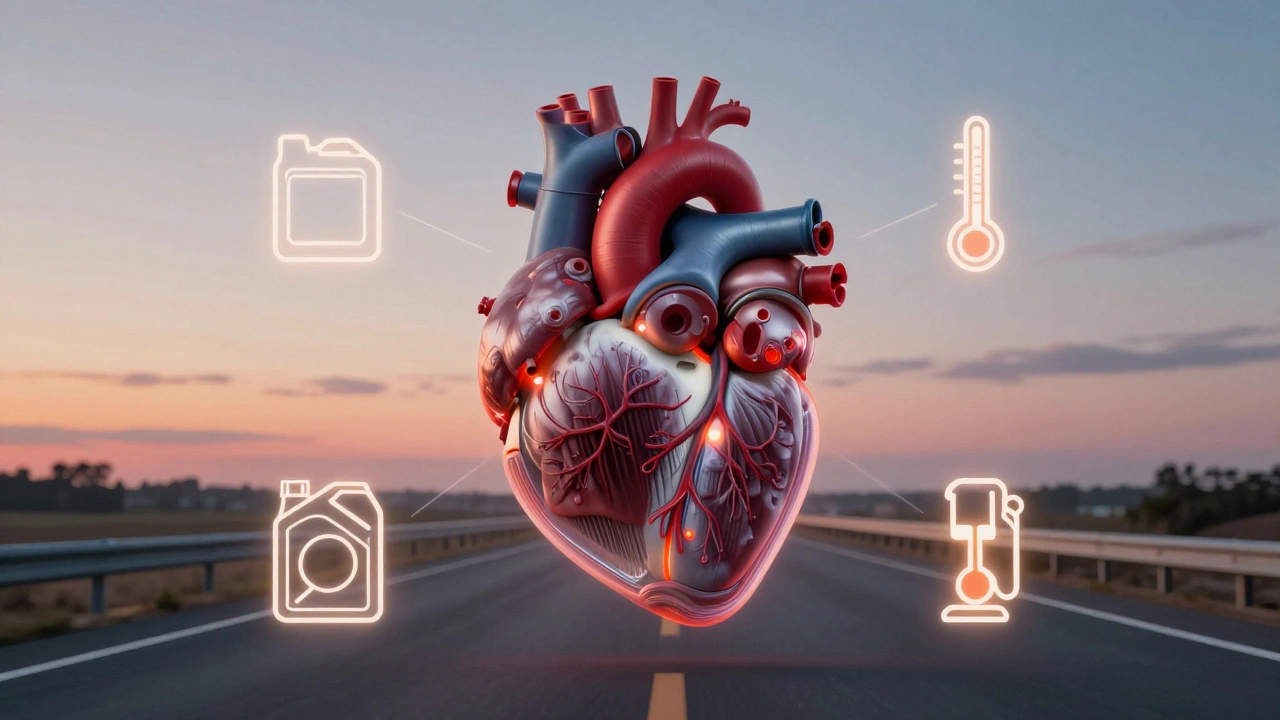 Сердце, превращённое в двигатель, с элементами обслуживания, символизирующими заботу и долговечность.