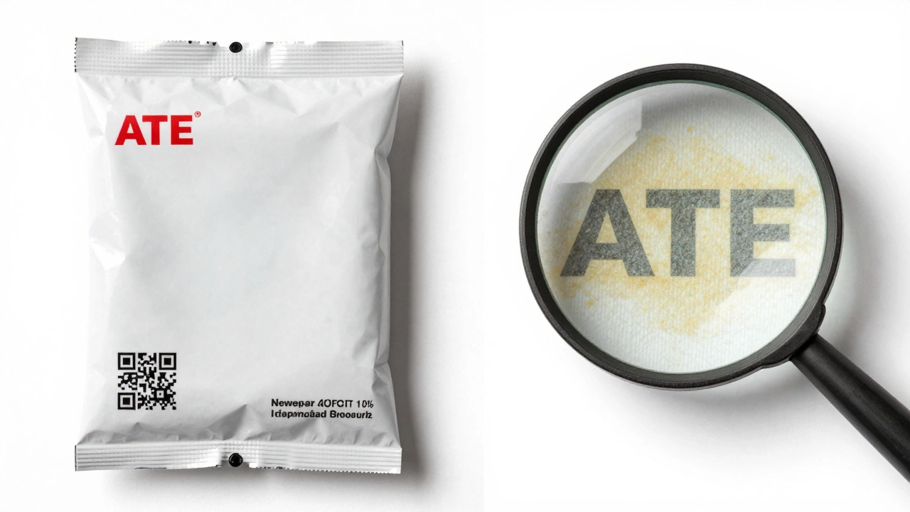 Сравнение оригинальной и поддельной упаковки тормозных колодок ATE с увеличительным стеклом.