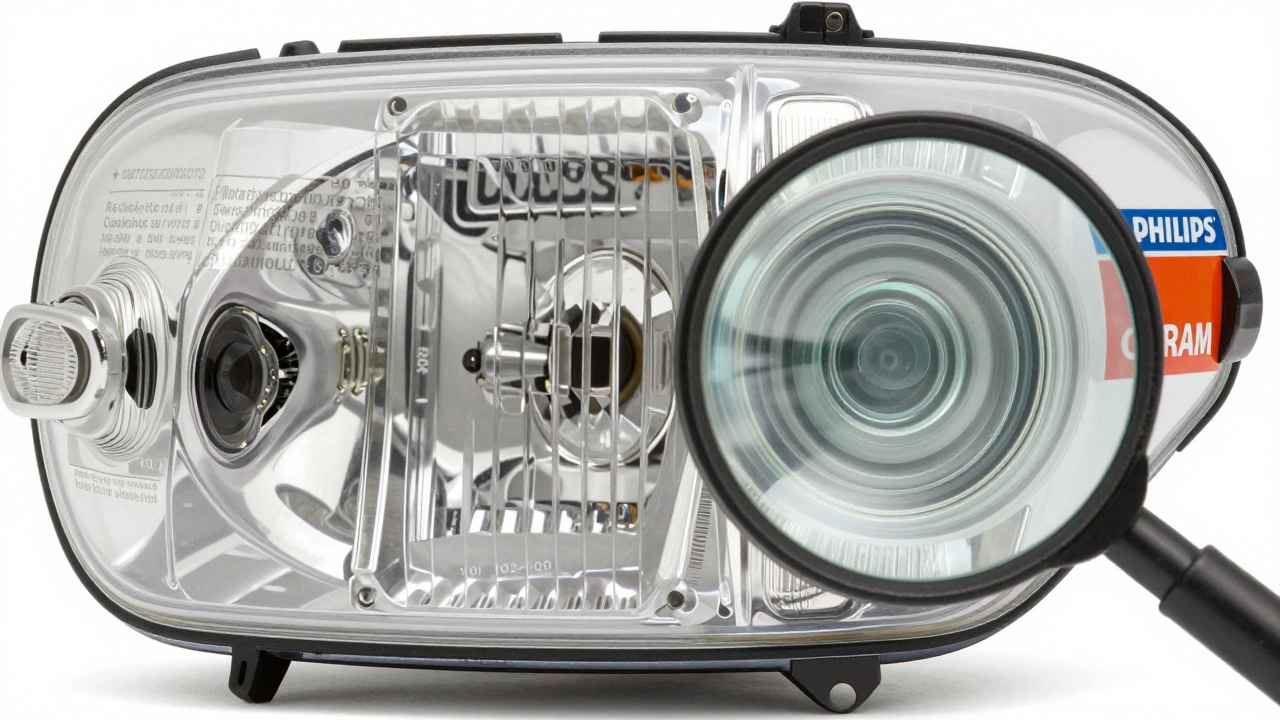 Сравнение поддельной и оригинальной автомобильной лампы: дешевая с матовым стеклом и пластиком против качественной с четкой маркировкой и металлическим цоколем.