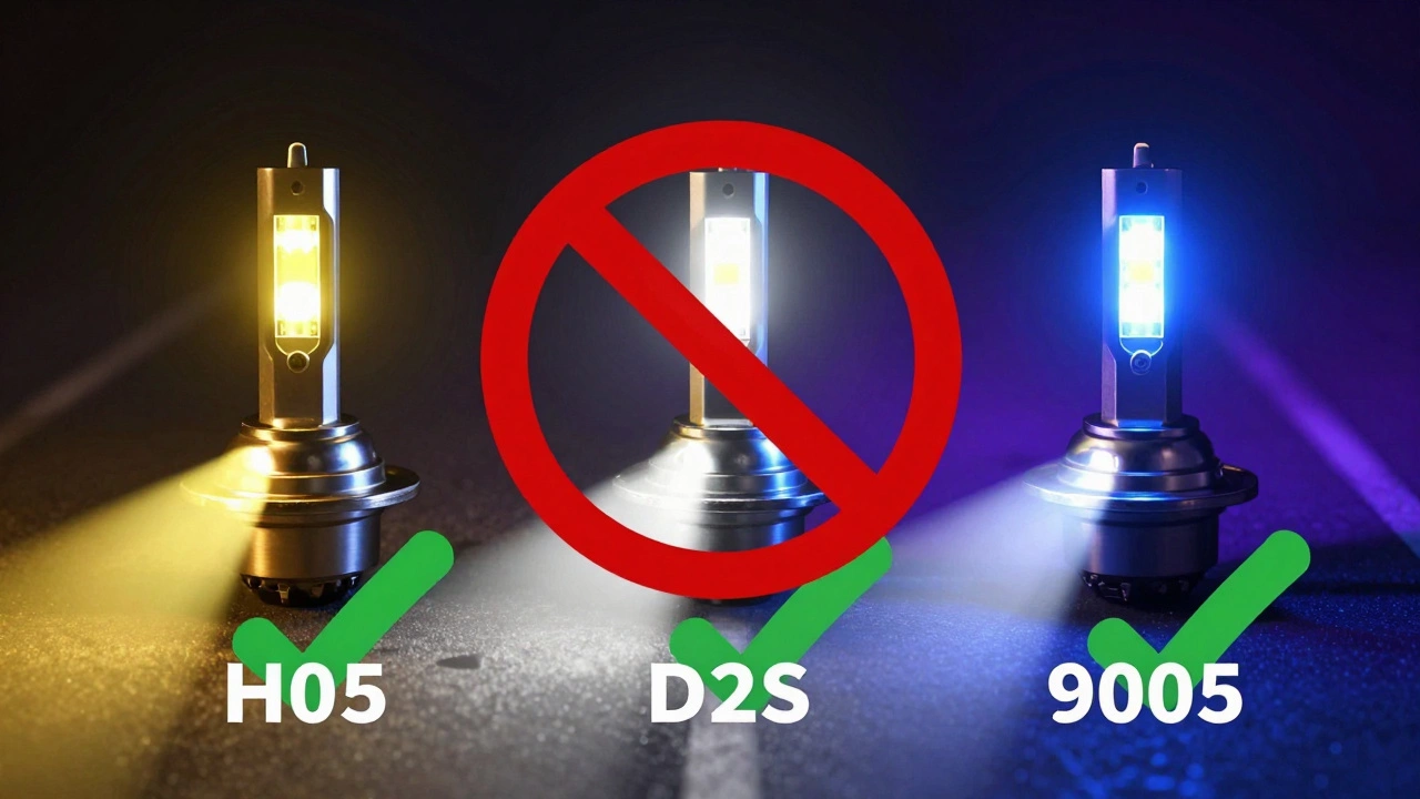 Три типа автомобильных ламп — галогеновая, ксеноновая и светодиодная — с разным цветом света, сравнение разрешенных и запрещенных оттенков.