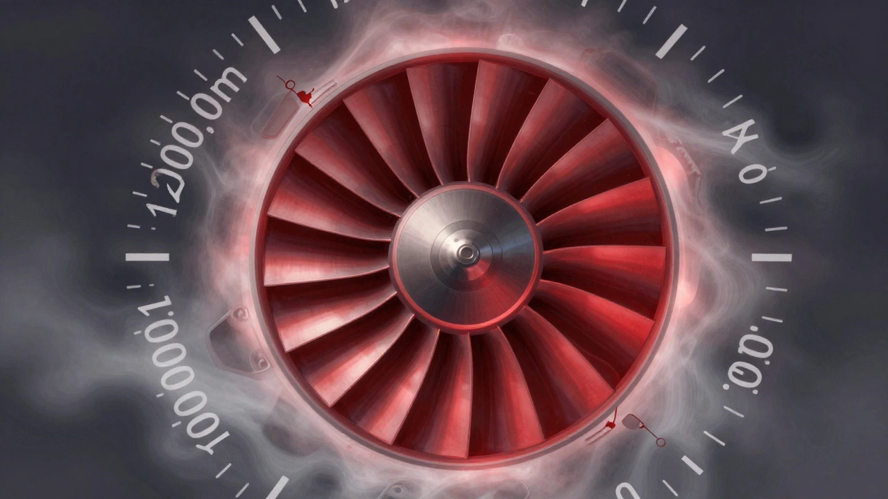 Турбина двигателя вращается с высокой скоростью, окружённая охлаждающим масляным туманом, символизируя долгий срок службы.