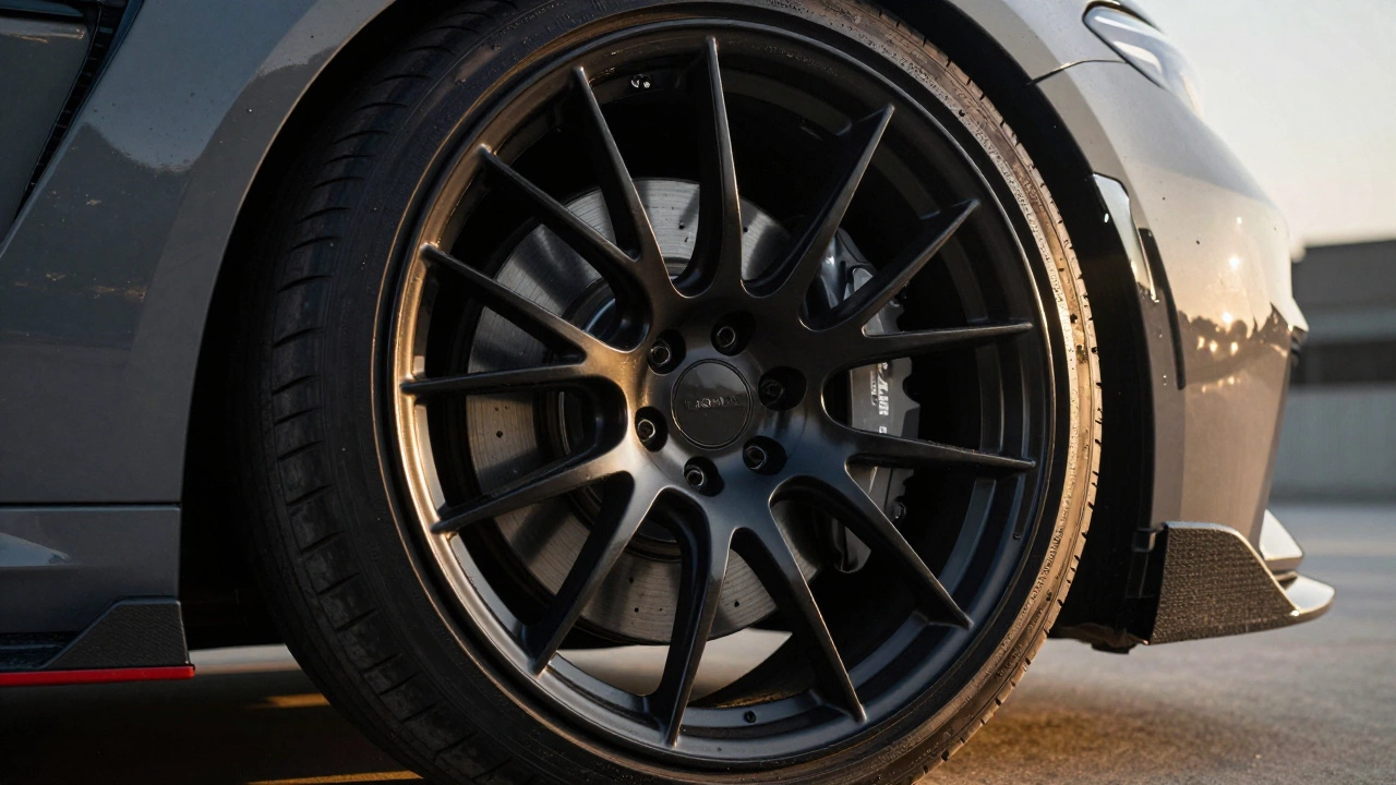 Крупный план черного литого диска с керамическим покрытием в колесной арке