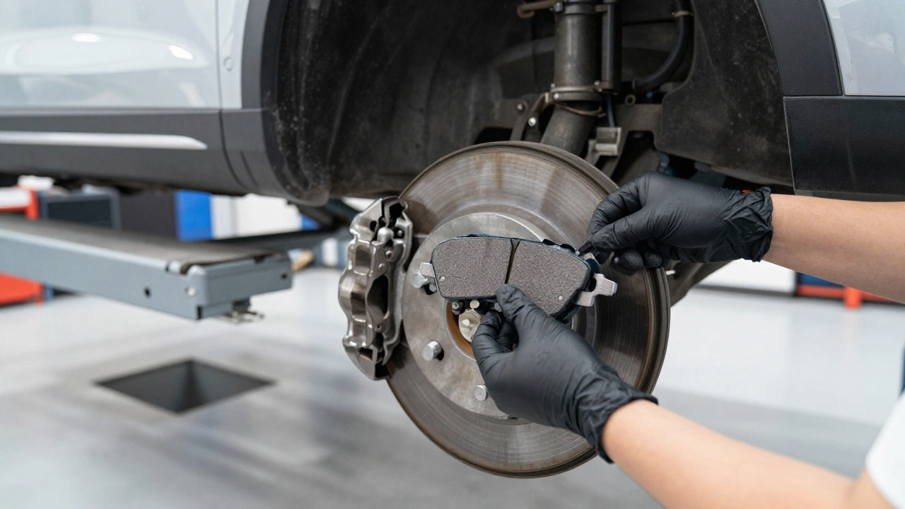 Механик устанавливает новую тормозную колодку в суппорт автомобиля в автосервисе