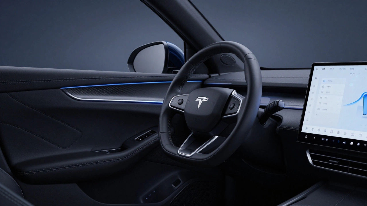 Салон автомобиля с отделкой из экокожи, карбона и синей контурной подсветкой