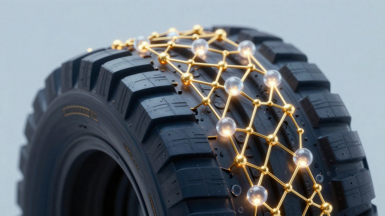 Схематичное изображение молекул силики и полимеров в структуре резины