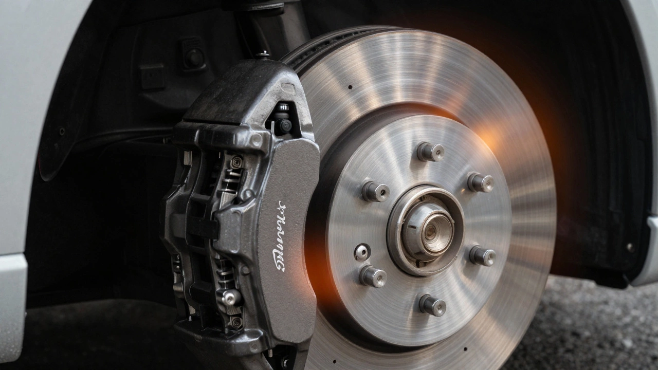 Схематичное изображение тормозного диска и колодки в момент торможения с эффектом нагрева