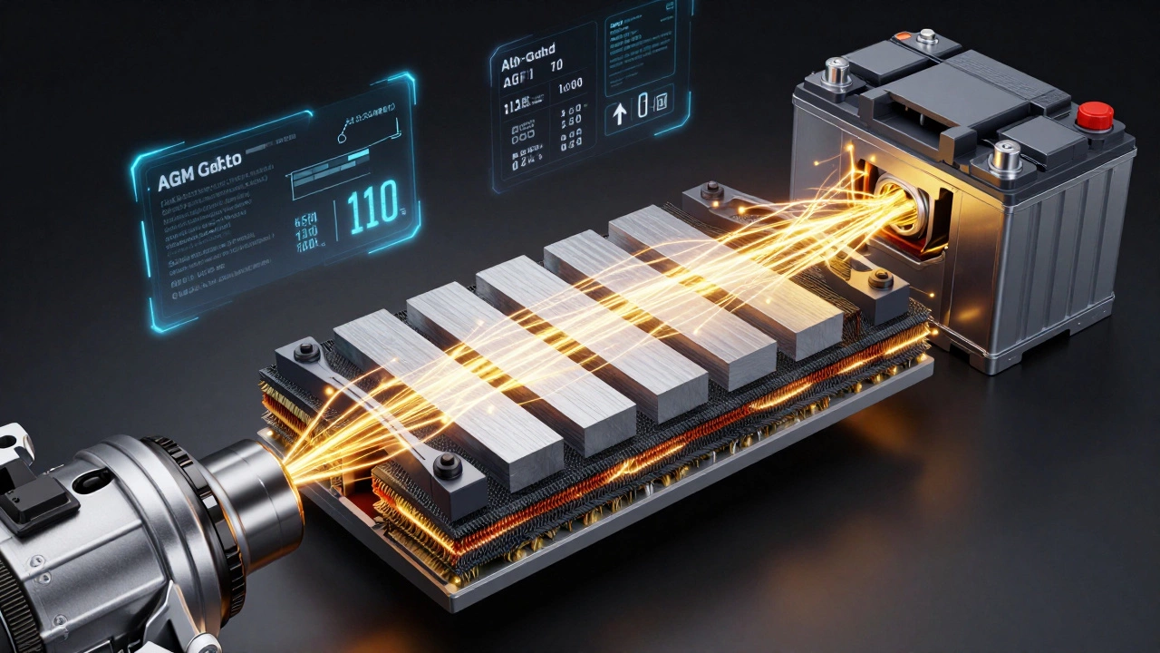 Схематичное изображение внутреннего устройства AGM аккумулятора с потоками энергии