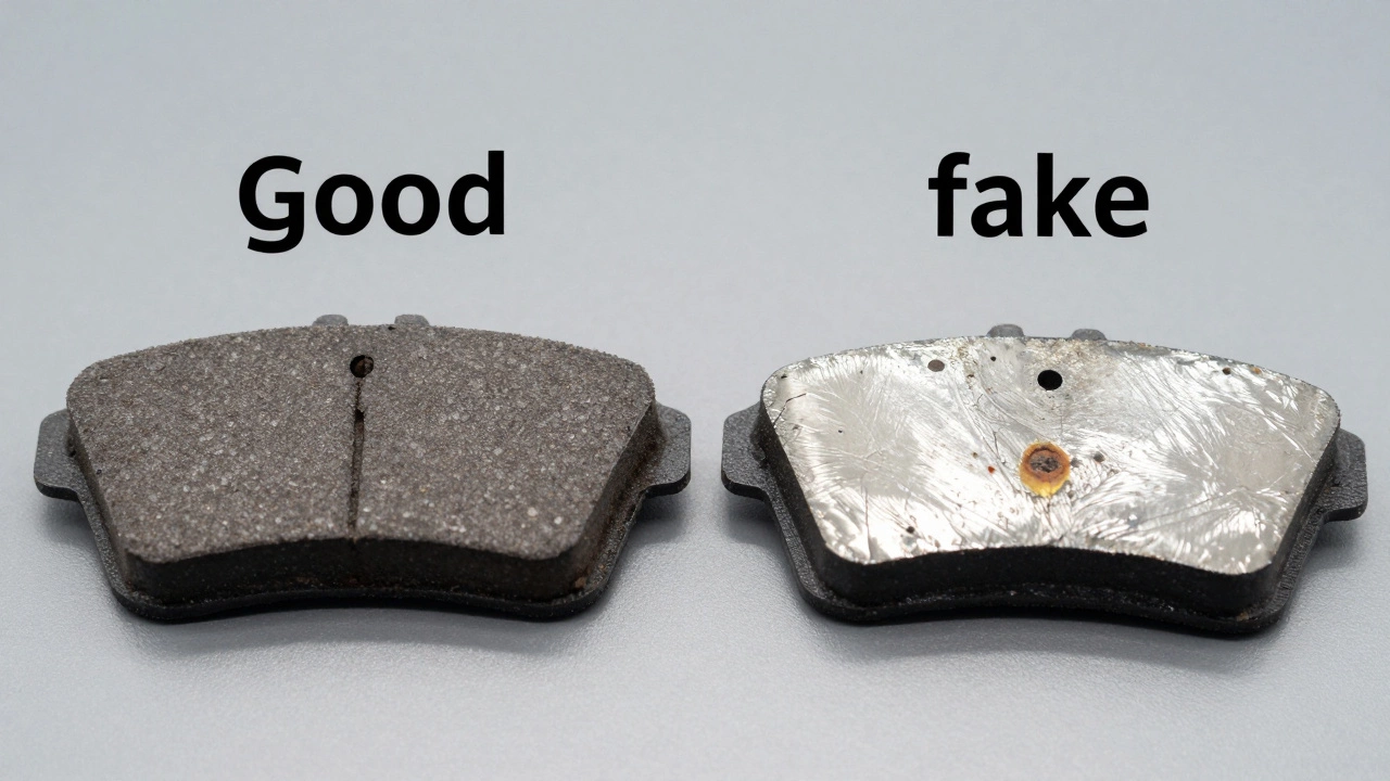 Сравнение качественной тормозной колодки и подделки с дефектами и ржавчиной