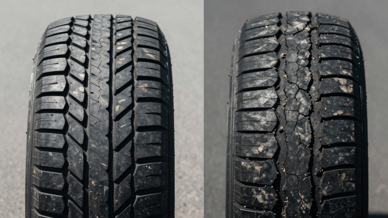 Сравнение нового глубокого протектора и старой потрескавшейся шины